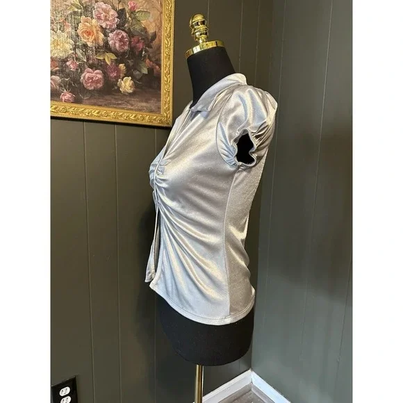 Wet Seal Y2K Silver Babydoll Blouse Top M Medium - Picture 3 of 8